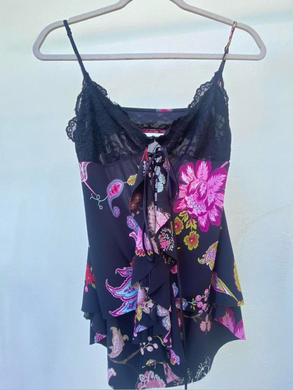 Y2K Marciano Black & Pink Multicolor Lace Up Ruffle Open Back Fairy Tank Top Siz